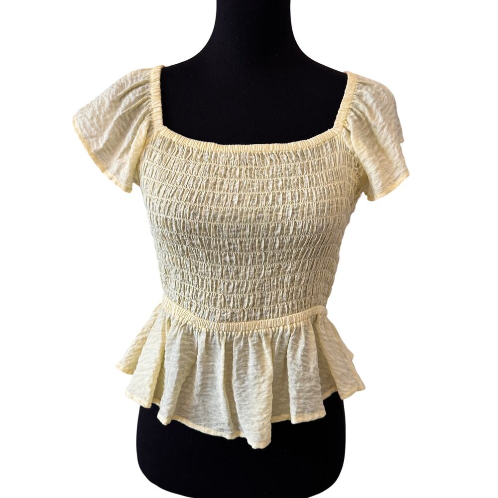 New OPEN EDIT NORDSTROM Women's Yellow Smocked Ruffle Sleeve Top Size S